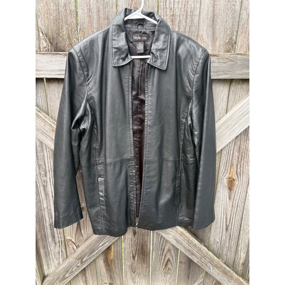 Style & Co Womens Black Genuine Leather Zip Up Jacket XL WPL 8046
